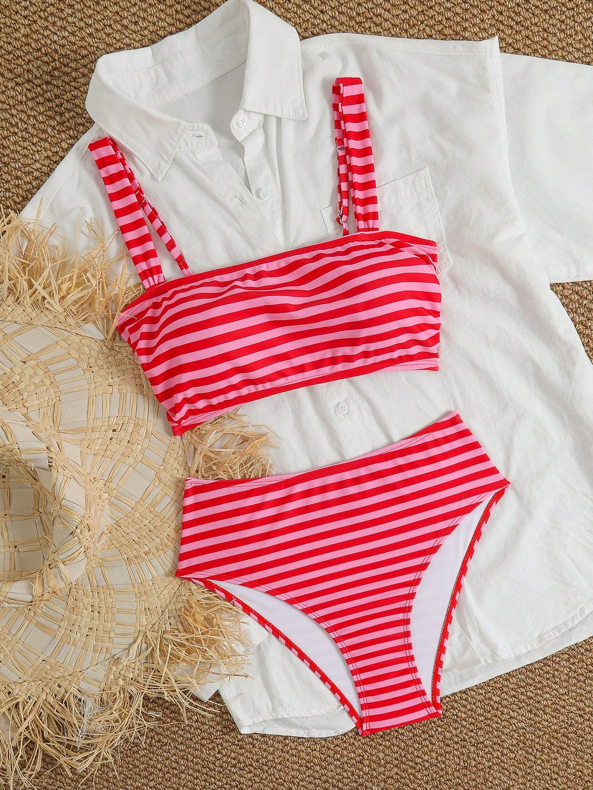 Swim Mod Women's 2-Piece Pink Stripe Summer Cute Beach Holiday Bikini Set,Tropical Striped Halter Top,Adjustable Thick Straps,High-Waisted Triangle Bottoms