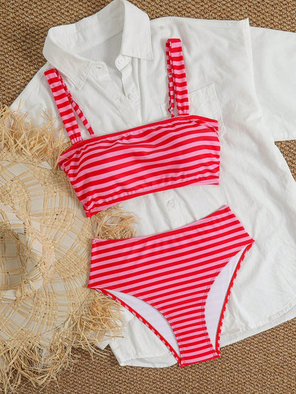Swim Mod Women's 2-Piece Pink Stripe Summer Cute Beach Holiday Bikini Set,Tropical Striped Halter Top,Adjustable Thick Straps,High-Waisted Triangle Bottoms