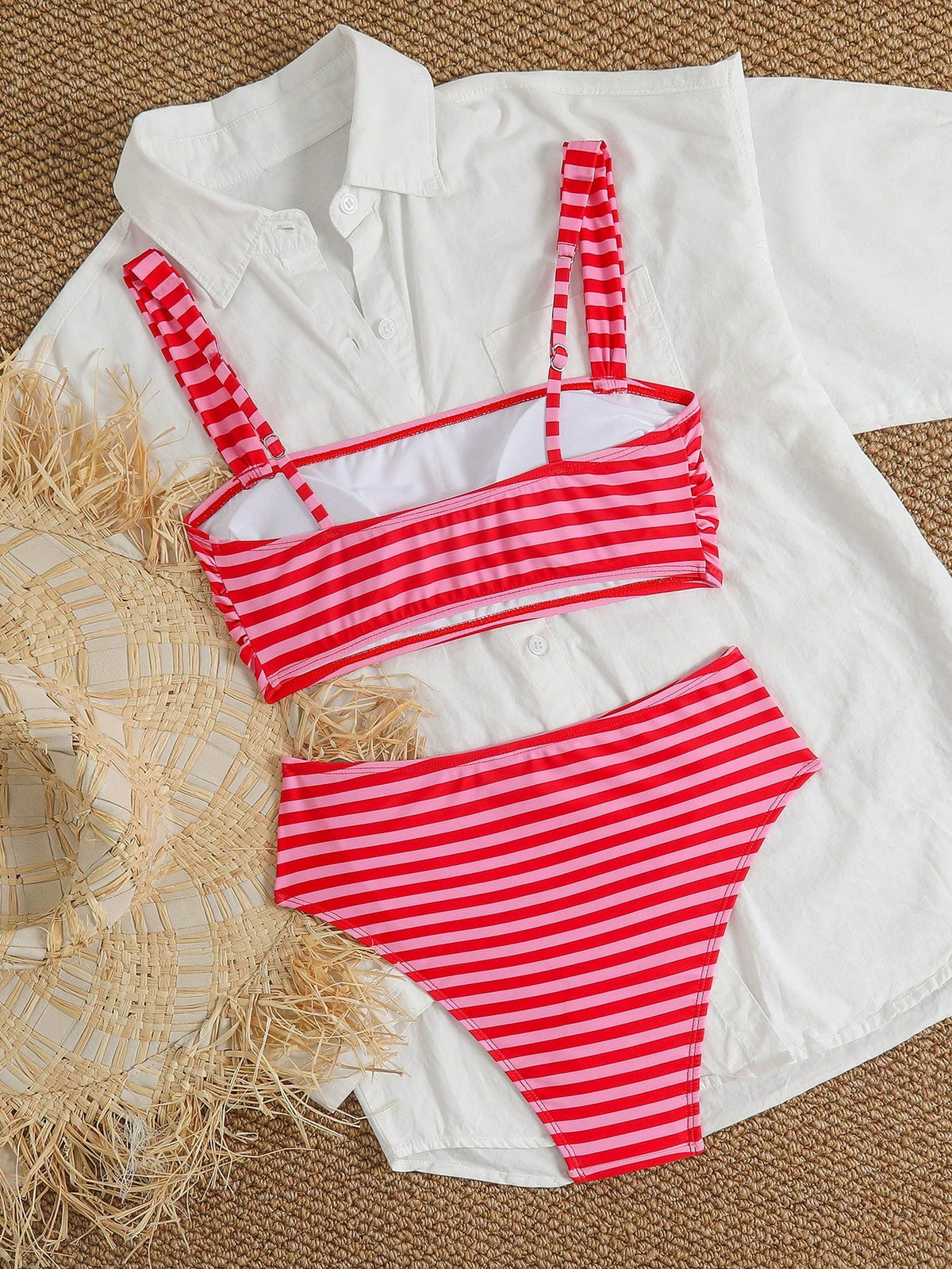 Swim Mod Women's 2-Piece Pink Stripe Summer Cute Beach Holiday Bikini Set,Tropical Striped Halter Top,Adjustable Thick Straps,High-Waisted Triangle Bottoms