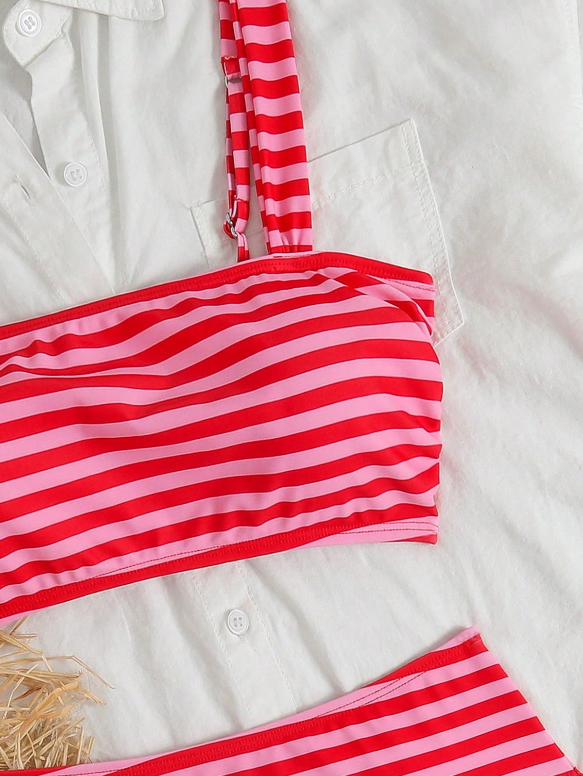 Swim Mod Women's 2-Piece Pink Stripe Summer Cute Beach Holiday Bikini Set,Tropical Striped Halter Top,Adjustable Thick Straps,High-Waisted Triangle Bottoms
