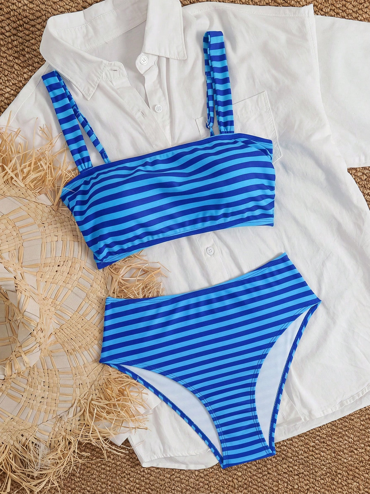 Swim Mod Women's 2-Piece Pink Stripe Summer Cute Beach Holiday Bikini Set,Tropical Striped Halter Top,Adjustable Thick Straps,High-Waisted Triangle Bottoms