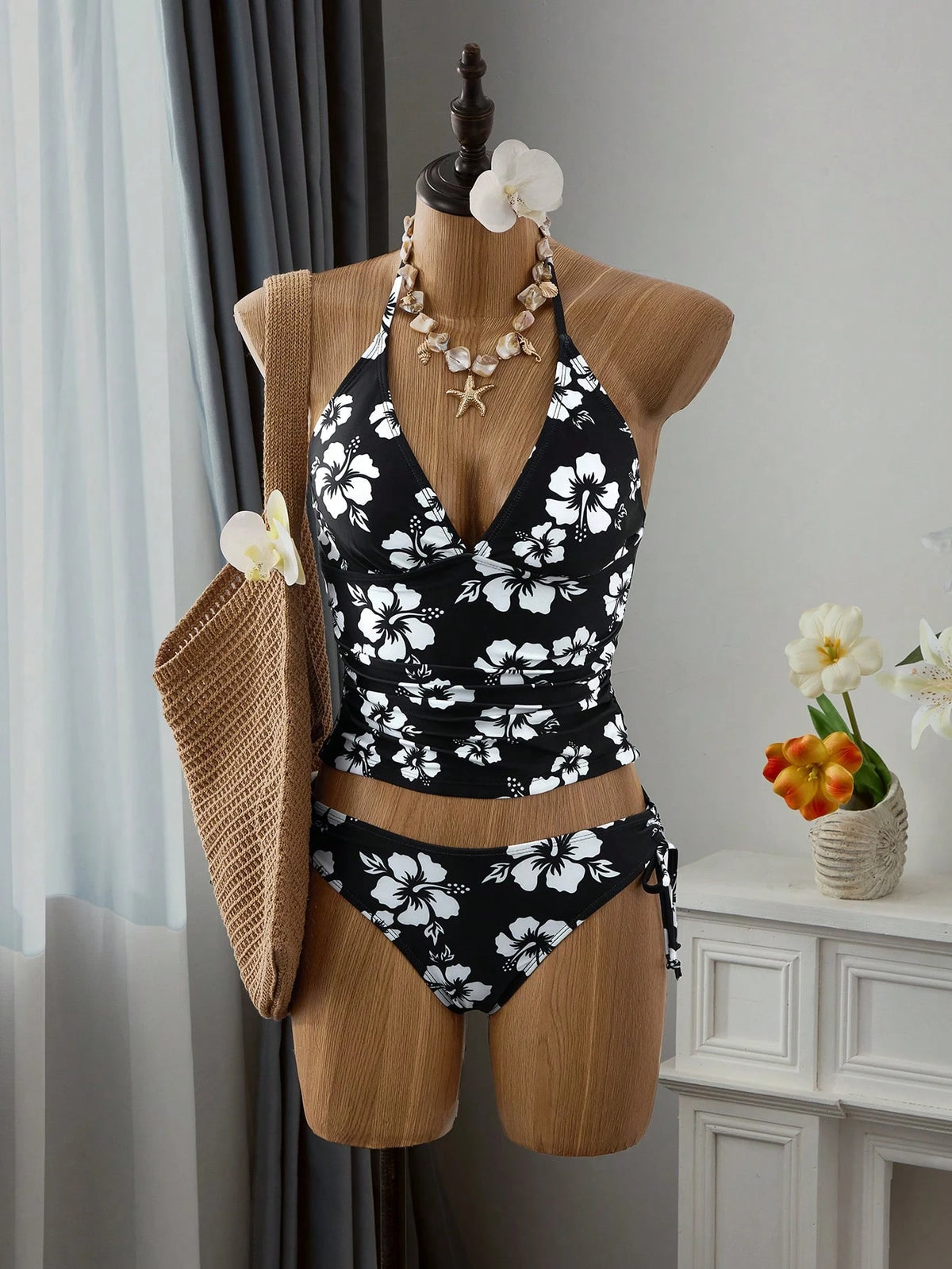 Swim Mod Women's 2-Piece Solid Color Sexy Cute Spaghetti Strap Tie Tank Top Triangle Bikini Set, Elegant Beach Vacation Casual Bikini Set Outfit For Valentine's Day Party