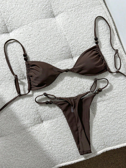 Swim Mod Women's Chocolate Brown Bikini Set,Elegant Spaghetti Strap Red Beaded Decor Gstring Bathing Suits,Summer Holiday Beach Bikini Set For Women