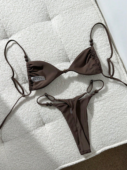 Swim Mod Women's Chocolate Brown Bikini Set,Elegant Spaghetti Strap Red Beaded Decor Gstring Bathing Suits,Summer Holiday Beach Bikini Set For Women