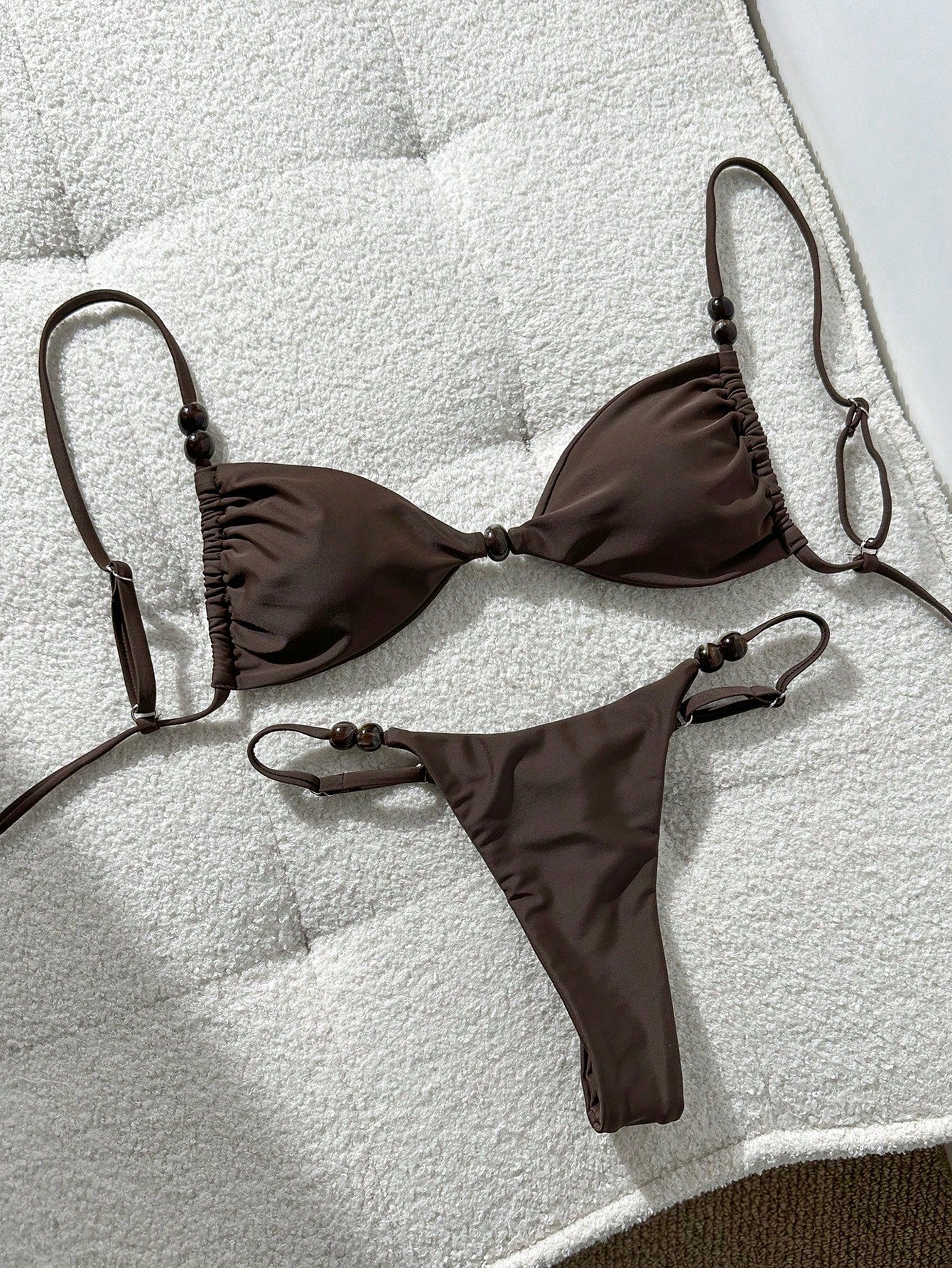 Swim Mod Women's Chocolate Brown Bikini Set,Elegant Spaghetti Strap Red Beaded Decor Gstring Bathing Suits,Summer Holiday Beach Bikini Set For Women