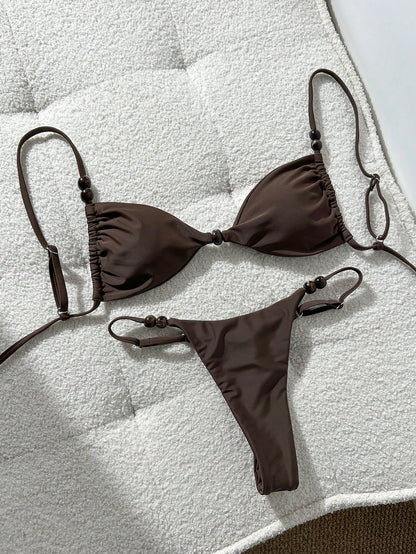 Swim Mod Women's Chocolate Brown Bikini Set,Elegant Spaghetti Strap Red Beaded Decor Gstring Bathing Suits,Summer Holiday Beach Bikini Set For Women