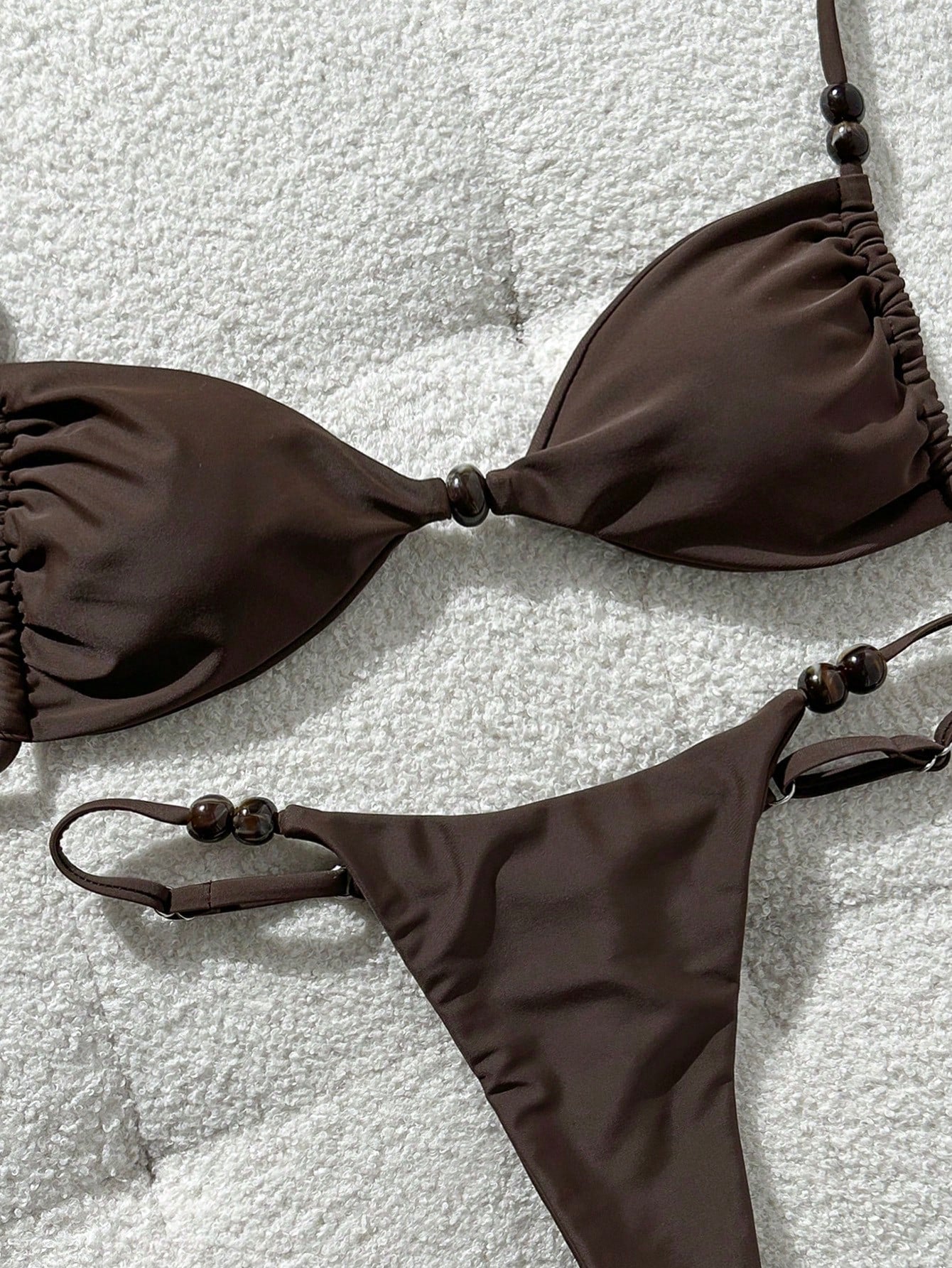 Swim Mod Women's Chocolate Brown Bikini Set,Elegant Spaghetti Strap Red Beaded Decor Gstring Bathing Suits,Summer Holiday Beach Bikini Set For Women