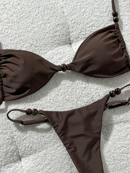 Swim Mod Women's Chocolate Brown Bikini Set,Elegant Spaghetti Strap Red Beaded Decor Gstring Bathing Suits,Summer Holiday Beach Bikini Set For Women