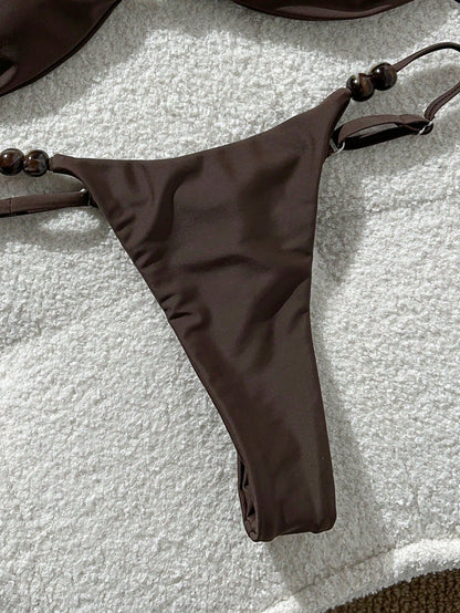 Swim Mod Women's Chocolate Brown Bikini Set,Elegant Spaghetti Strap Red Beaded Decor Gstring Bathing Suits,Summer Holiday Beach Bikini Set For Women