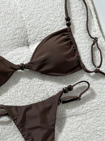 Swim Mod Women's Chocolate Brown Bikini Set,Elegant Spaghetti Strap Red Beaded Decor Gstring Bathing Suits,Summer Holiday Beach Bikini Set For Women