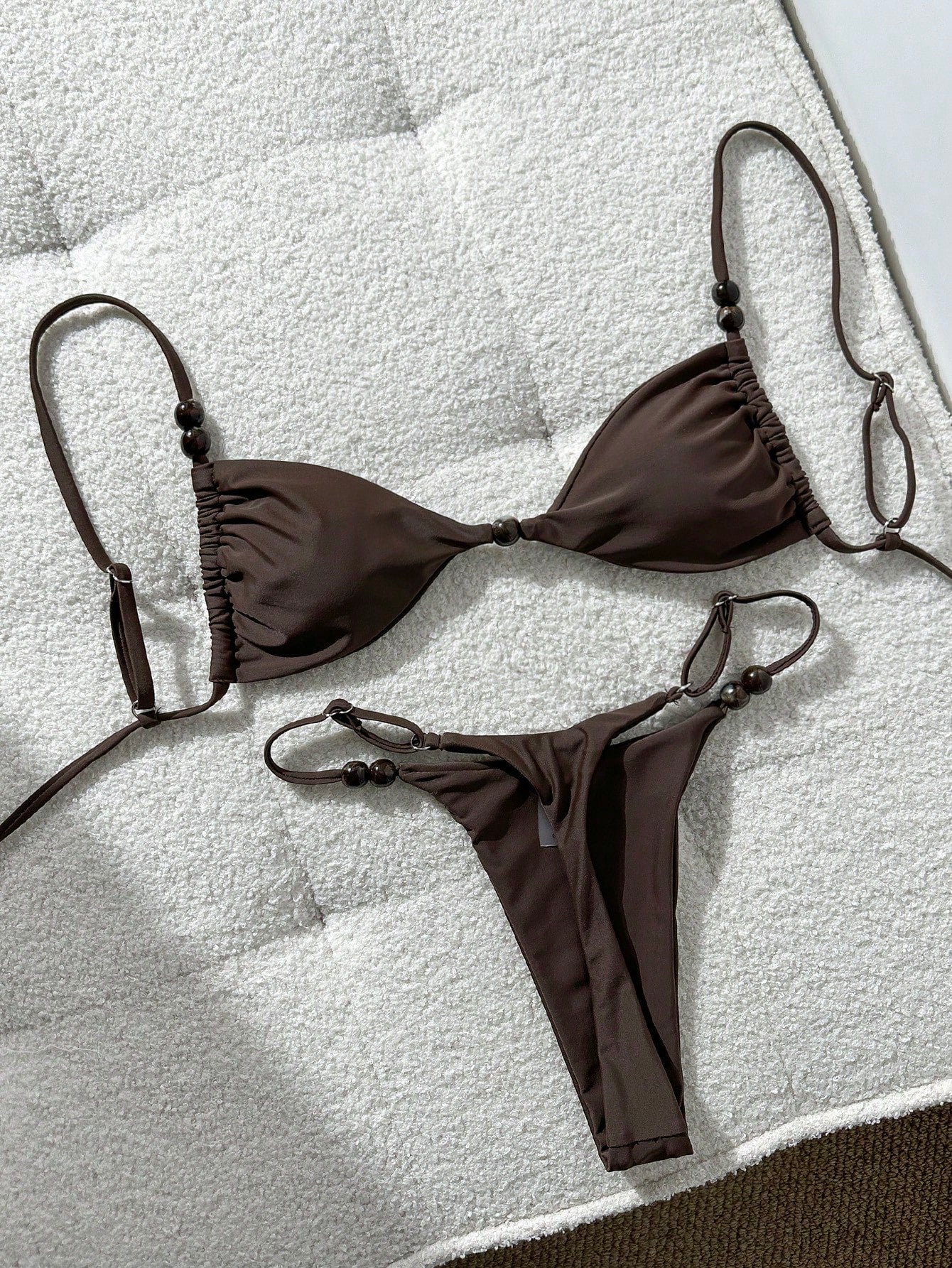 Swim Mod Women's Chocolate Brown Bikini Set,Elegant Spaghetti Strap Red Beaded Decor Gstring Bathing Suits,Summer Holiday Beach Bikini Set For Women