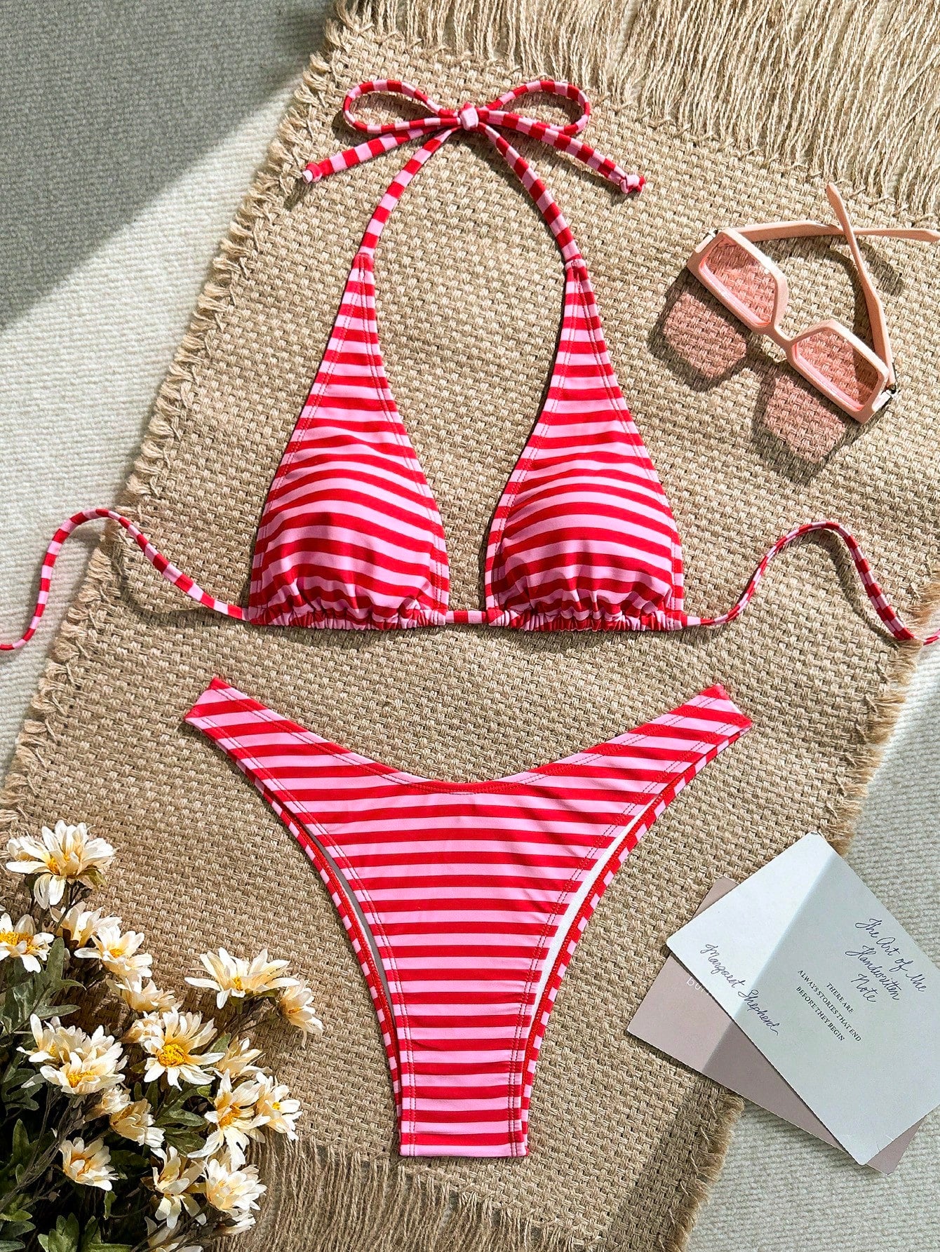 Swim Mod Women's Color Block Stripe Halter Neck Fashion Summer Bikini Swimsuit