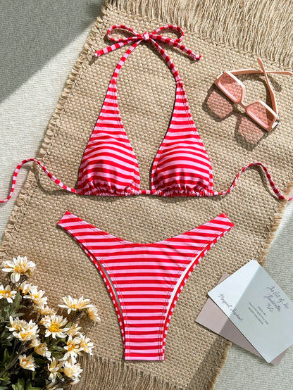 Swim Mod Women's Color Block Stripe Halter Neck Fashion Summer Bikini Swimsuit