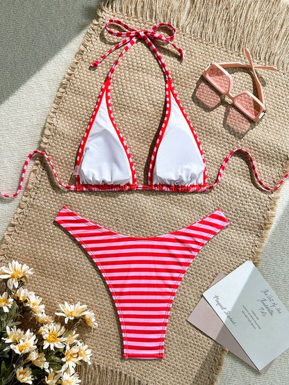 Swim Mod Women's Color Block Stripe Halter Neck Fashion Summer Bikini Swimsuit