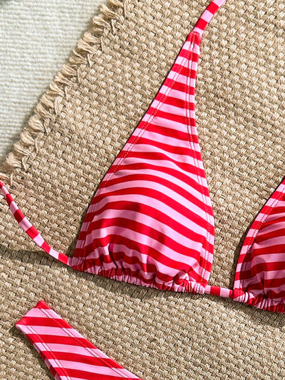 Swim Mod Women's Color Block Stripe Halter Neck Fashion Summer Bikini Swimsuit