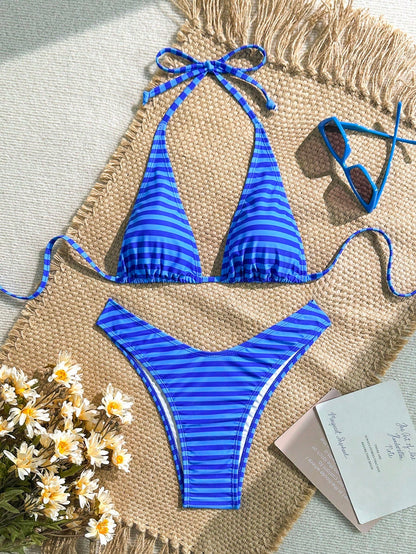 Swim Mod Women's Color Block Stripe Halter Neck Fashion Summer Bikini Swimsuit