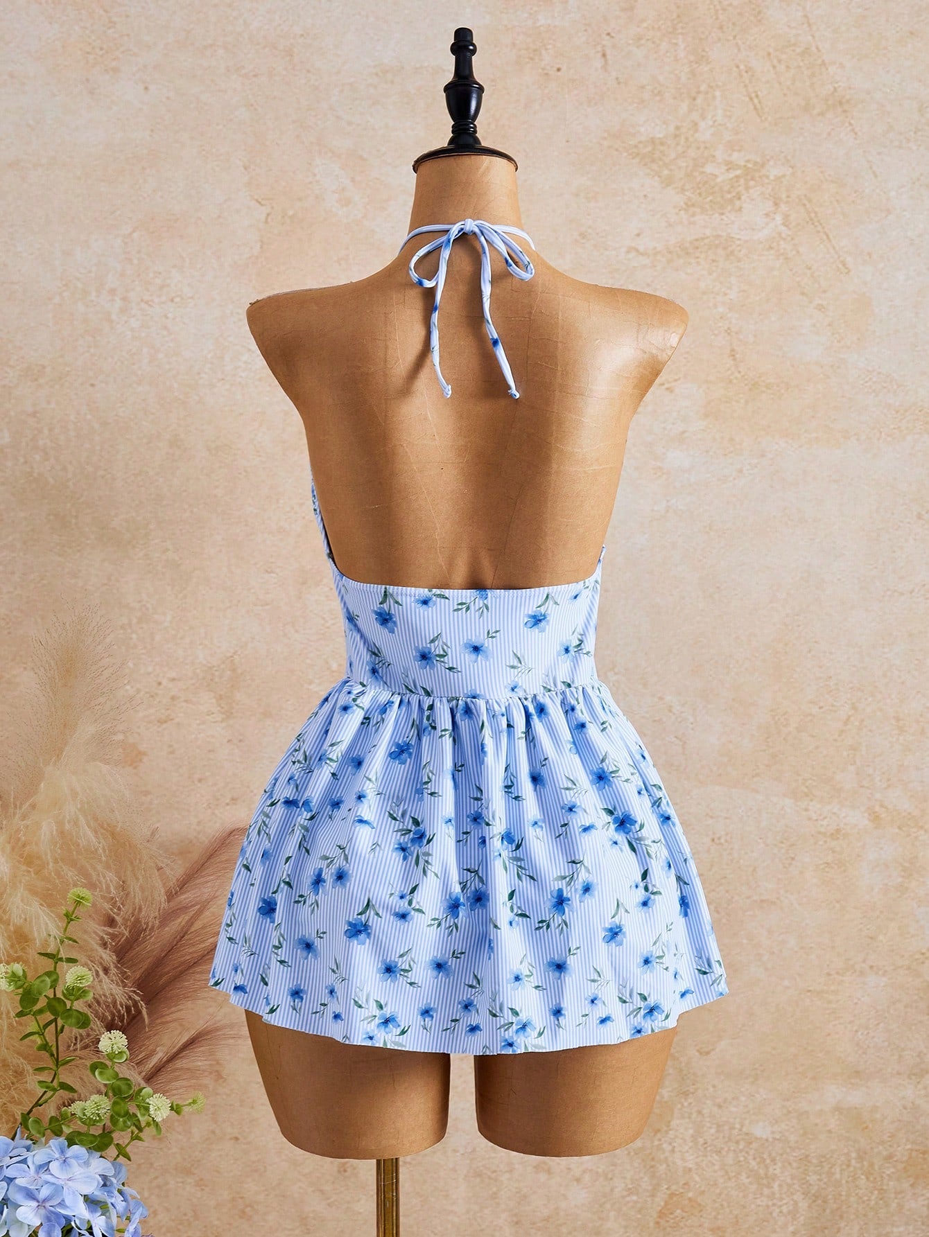 Swim Mod Women's Floral Print Pleated Halter Neck Tie Swim Dress, Suitable For Vacation, Beach, Seaside, Afternoon Tea, Picnic, Party