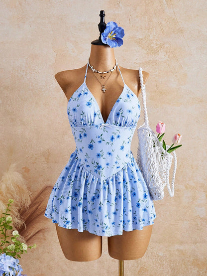 Swim Mod Women's Floral Print Pleated Halter Neck Tie Swim Dress, Suitable For Vacation, Beach, Seaside, Afternoon Tea, Picnic, Party