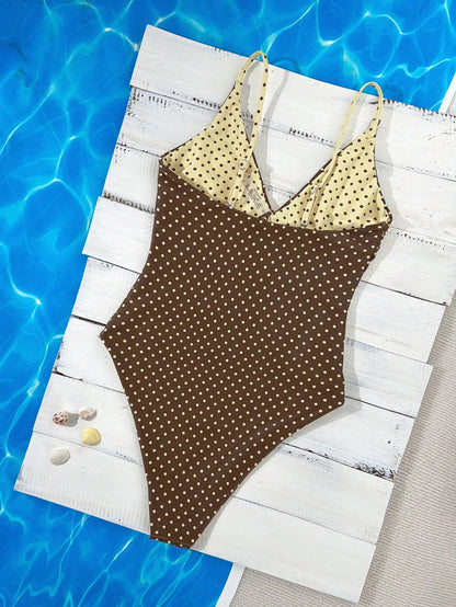 Swim Mod Women's Reversible Adjustable Spaghetti Strap One-Piece Swimsuit,Brown Polka Dot Striped,Summer Tropical Beach Holiday Vacation,Brown Polka Dot