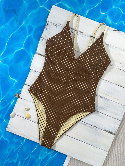 Swim Mod Women's Reversible Adjustable Spaghetti Strap One-Piece Swimsuit,Brown Polka Dot Striped,Summer Tropical Beach Holiday Vacation,Brown Polka Dot