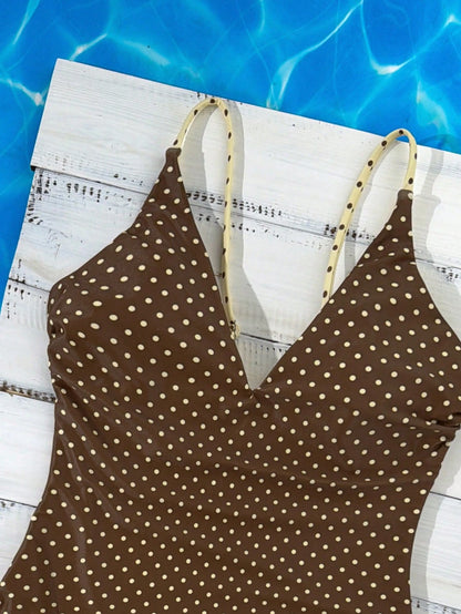 Swim Mod Women's Reversible Adjustable Spaghetti Strap One-Piece Swimsuit,Brown Polka Dot Striped,Summer Tropical Beach Holiday Vacation,Brown Polka Dot