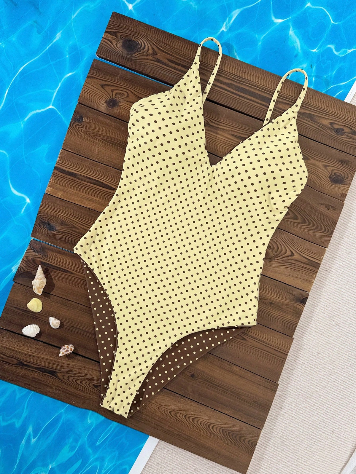 Swim Mod Women's Reversible Adjustable Spaghetti Strap One-Piece Swimsuit,Brown Polka Dot Striped,Summer Tropical Beach Holiday Vacation,Brown Polka Dot