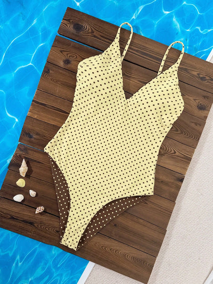 Swim Mod Women's Reversible Adjustable Spaghetti Strap One-Piece Swimsuit,Brown Polka Dot Striped,Summer Tropical Beach Holiday Vacation,Brown Polka Dot