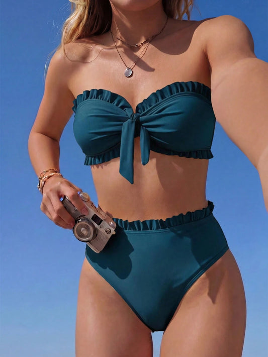 Swim Mod Women's Solid Color Vacation Beach Swimsuit Set