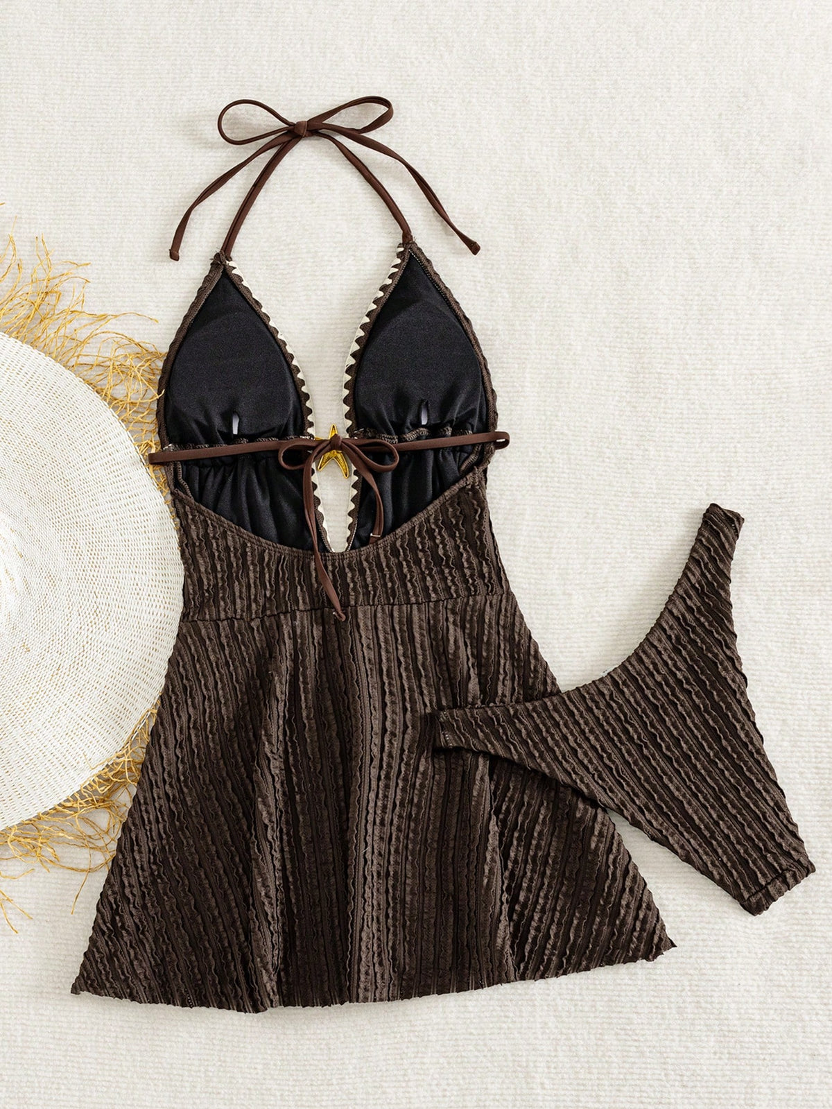 Swim Mod Women's Summer Beach Vacation Beige Textured Striped Halter Neck Tie Backless Two Pieces Swimsuit With A High-Cut Triangle Bottom Underneath. Features Include A Starfish-Themed Cutout At The
