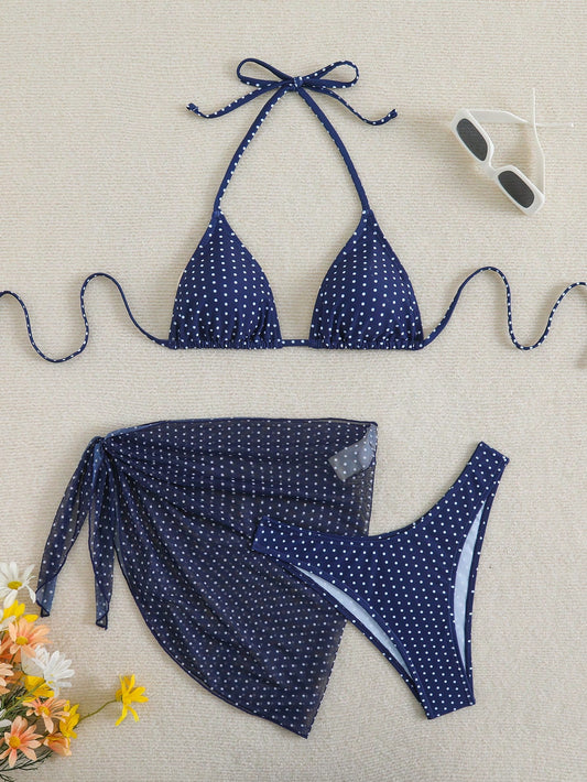 Swim Mod Women's Summer Beach Vacation Polka Dot Halter Tie Sexy Bikini Triangle Bottom Two-Piece Swimsuit Set With Mini Skirt Navy Blue Polka Dot