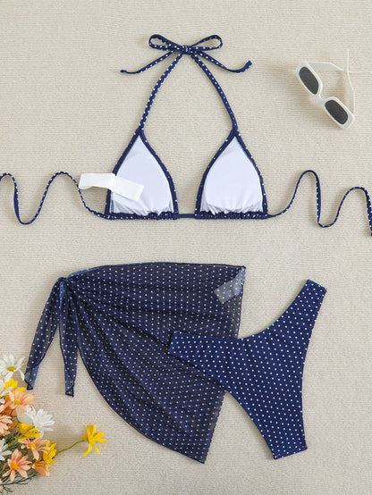 Swim Mod Women's Summer Beach Vacation Polka Dot Halter Tie Sexy Bikini Triangle Bottom Two-Piece Swimsuit Set With Mini Skirt Navy Blue Polka Dot