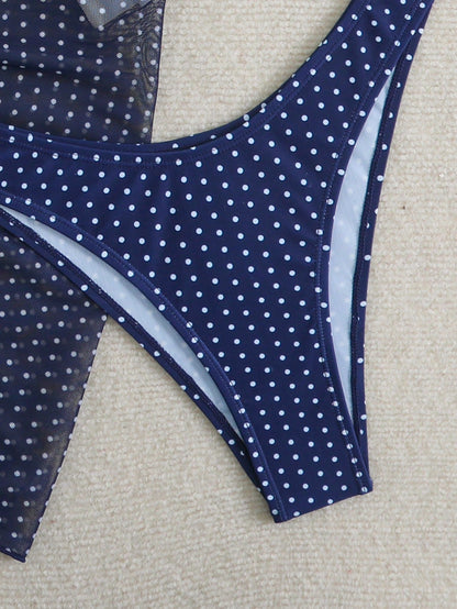 Swim Mod Women's Summer Beach Vacation Polka Dot Halter Tie Sexy Bikini Triangle Bottom Two-Piece Swimsuit Set With Mini Skirt Navy Blue Polka Dot
