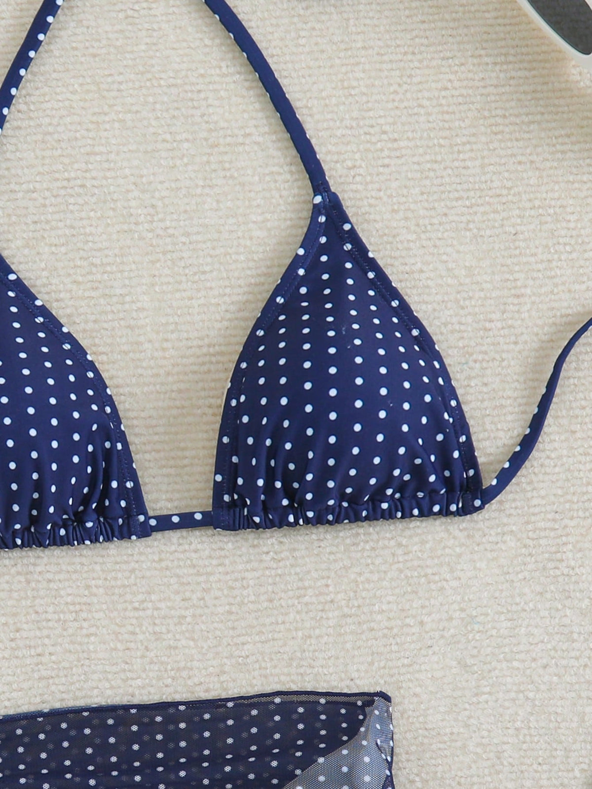 Swim Mod Women's Summer Beach Vacation Polka Dot Halter Tie Sexy Bikini Triangle Bottom Two-Piece Swimsuit Set With Mini Skirt Navy Blue Polka Dot