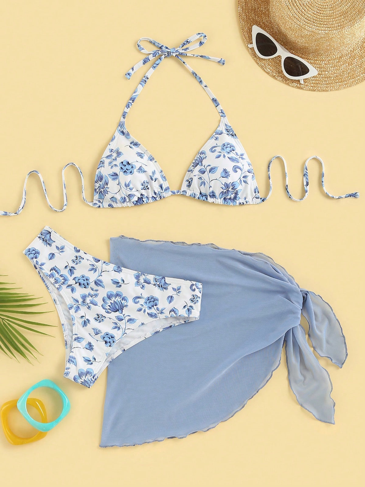 Swim Mod Women's Summer Beach Vacation Polka Dot Halter Tie Sexy Bikini Triangle Bottom Two-Piece Swimsuit Set With Mini Skirt Navy Blue Polka Dot