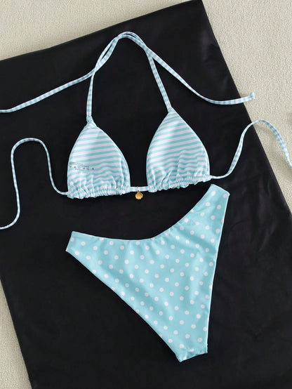 Swim Mod Women's Sweet Light Blue Polka-Dot And Stripe Print Reversible Bikini Set,Beach Party Outfits