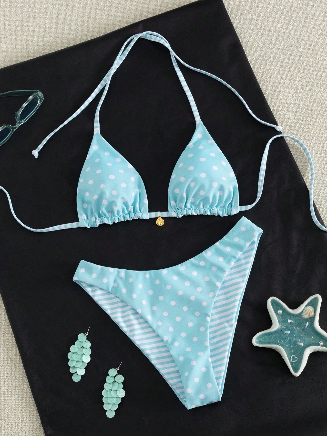 Swim Mod Women's Sweet Light Blue Polka-Dot And Stripe Print Reversible Bikini Set,Beach Party Outfits