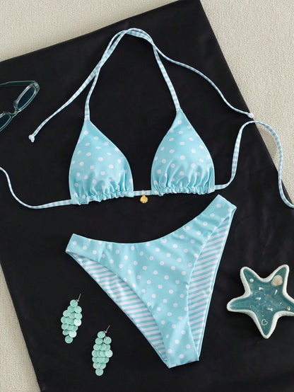 Swim Mod Women's Sweet Light Blue Polka-Dot And Stripe Print Reversible Bikini Set,Beach Party Outfits