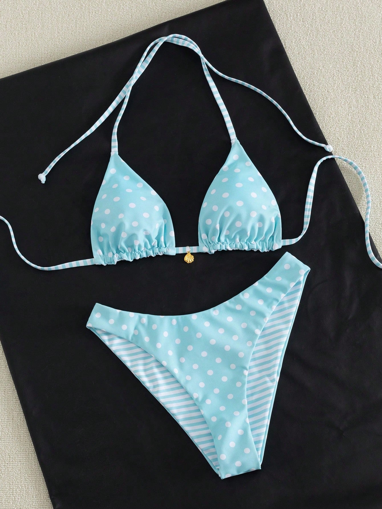 Swim Mod Women's Sweet Light Blue Polka-Dot And Stripe Print Reversible Bikini Set,Beach Party Outfits