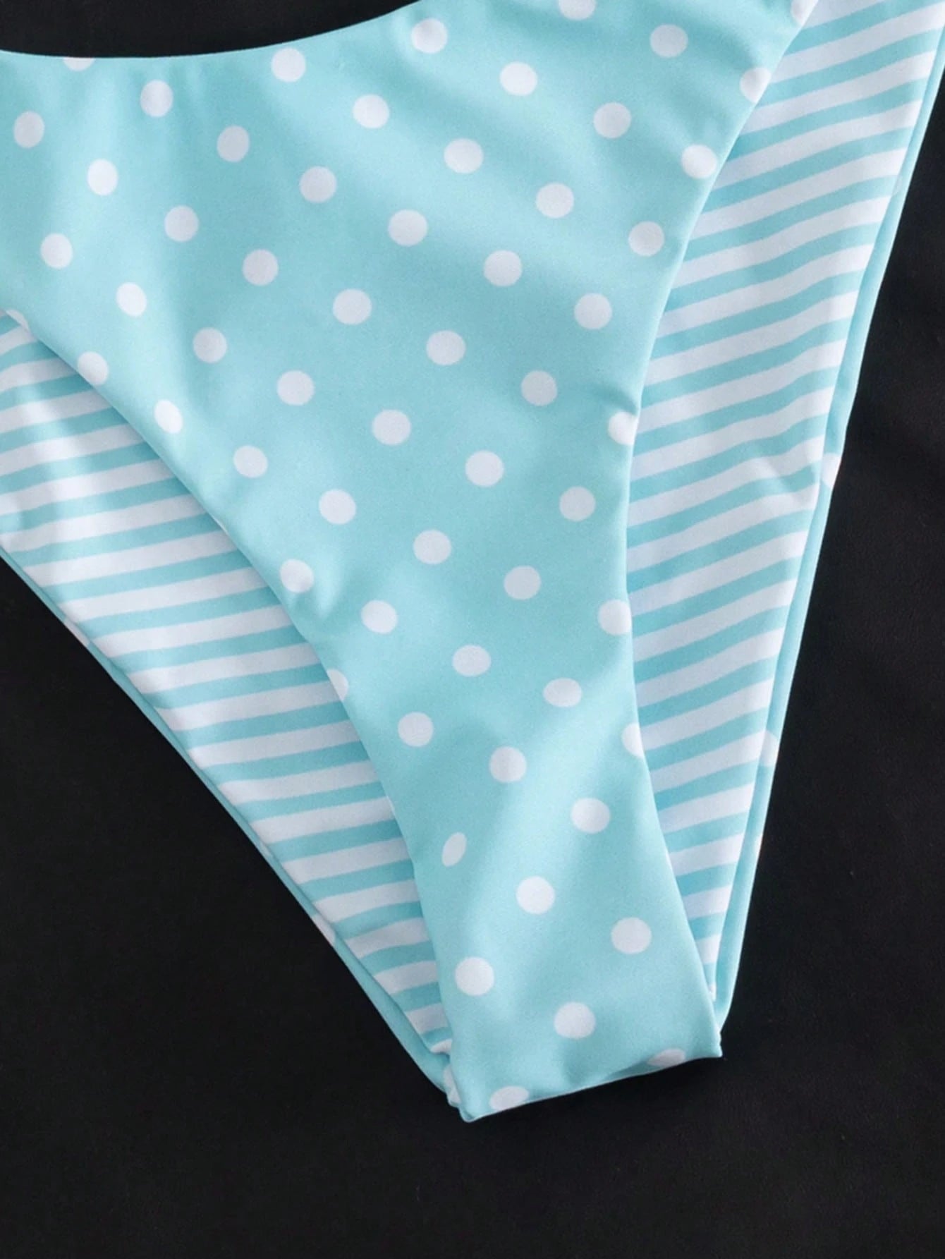 Swim Mod Women's Sweet Light Blue Polka-Dot And Stripe Print Reversible Bikini Set,Beach Party Outfits