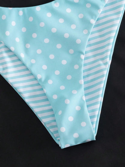 Swim Mod Women's Sweet Light Blue Polka-Dot And Stripe Print Reversible Bikini Set,Beach Party Outfits