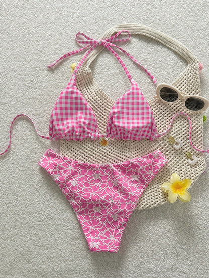 Swim Mod Women's Sweet Light Blue Polka-Dot And Stripe Print Reversible Bikini Set,Beach Party Outfits
