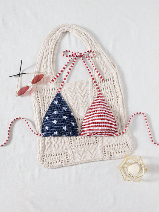 Swim Mod Women Summer Beach USA Flag Print Halter Backless One-Piece Swimsuit For Fourth Of July/4th Of July