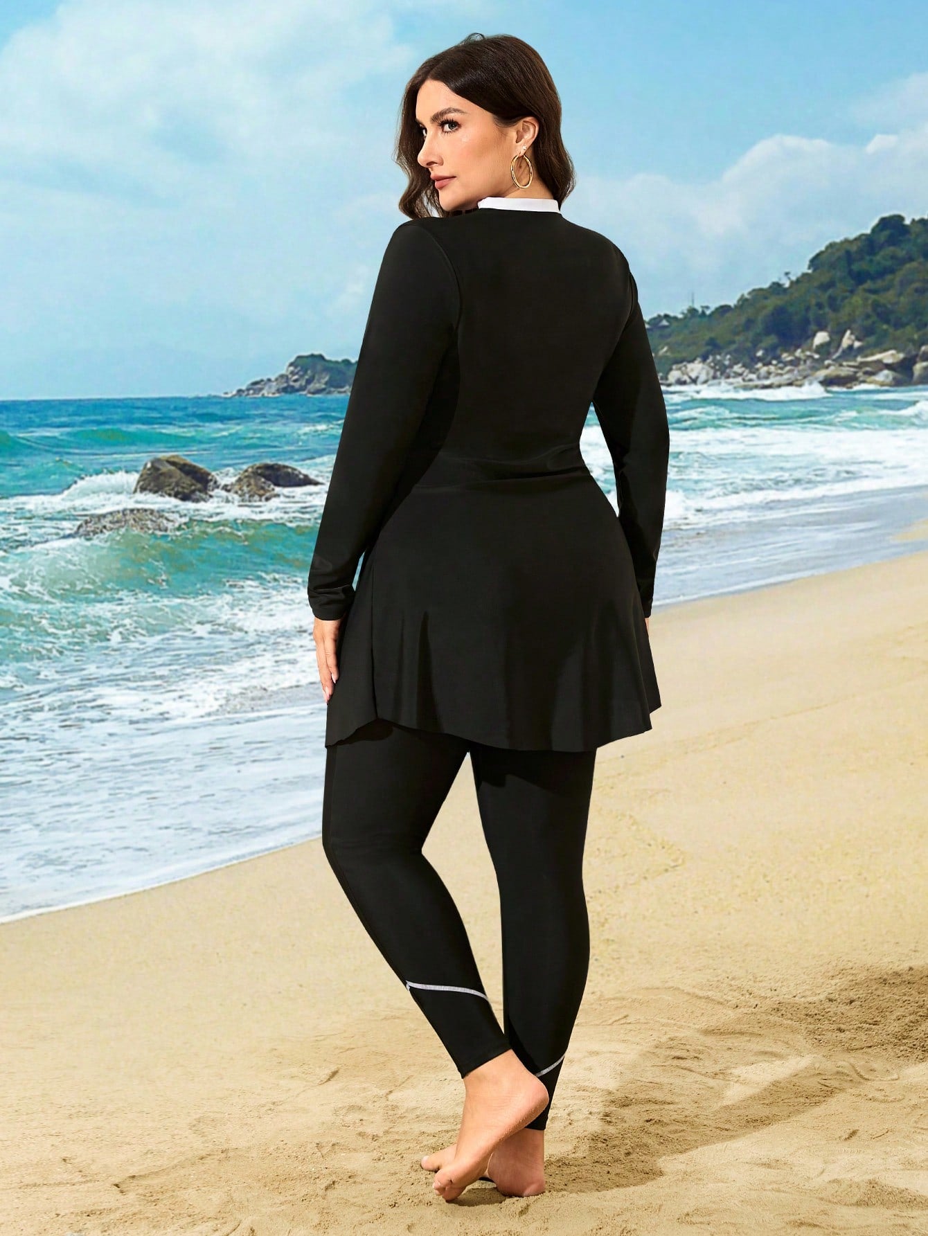 Swim Mulvari 2025 New Women Two-Piece Long Sleeve & Long Pants Burkini, Black Solid Color Modest Swimwear,European Fashion Crossover Summer Beach Holiday