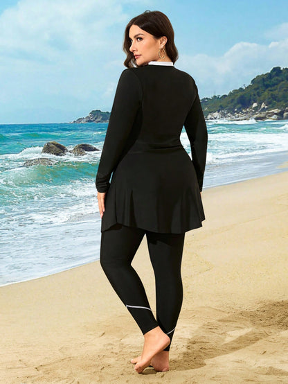 Swim Mulvari 2025 New Women Two-Piece Long Sleeve & Long Pants Burkini, Black Solid Color Modest Swimwear,European Fashion Crossover Summer Beach Holiday
