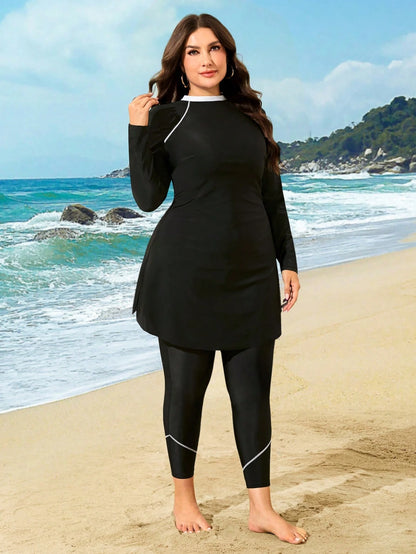 Swim Mulvari 2025 New Women Two-Piece Long Sleeve & Long Pants Burkini, Black Solid Color Modest Swimwear,European Fashion Crossover Summer Beach Holiday