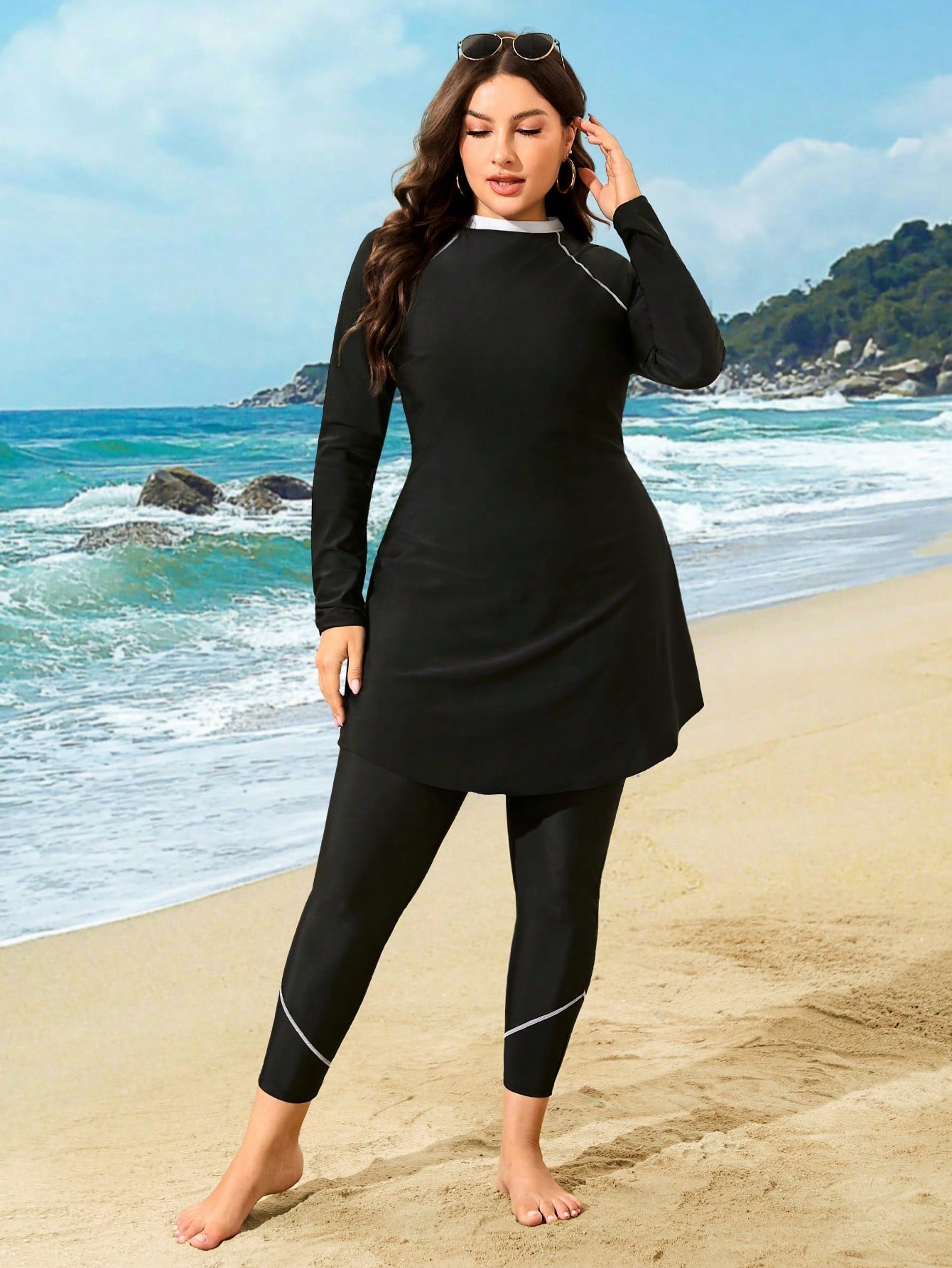 Swim Mulvari 2025 New Women Two-Piece Long Sleeve & Long Pants Burkini, Black Solid Color Modest Swimwear,European Fashion Crossover Summer Beach Holiday