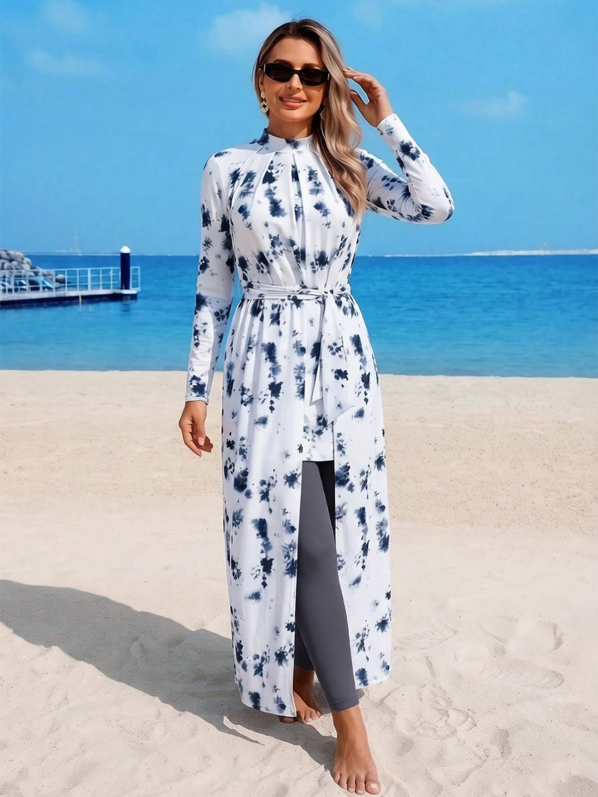 Swim Mulvari 3pcs Set Spring/Summer New Multi-Color Tie-Dye Long Sleeve Beach Dress, Solid Color Long Pants And Skirt, Women's Vacation Casual Beach Outfit, Burqini Swimwear