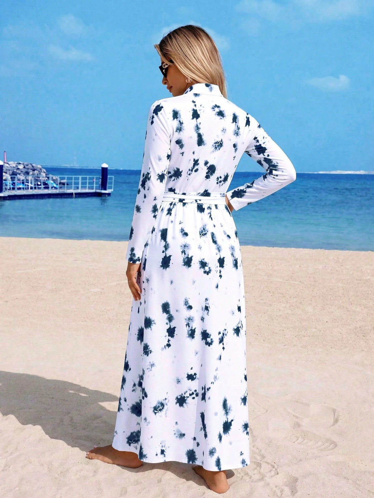 Swim Mulvari 3pcs Set Spring/Summer New Multi-Color Tie-Dye Long Sleeve Beach Dress, Solid Color Long Pants And Skirt, Women's Vacation Casual Beach Outfit, Burqini Swimwear