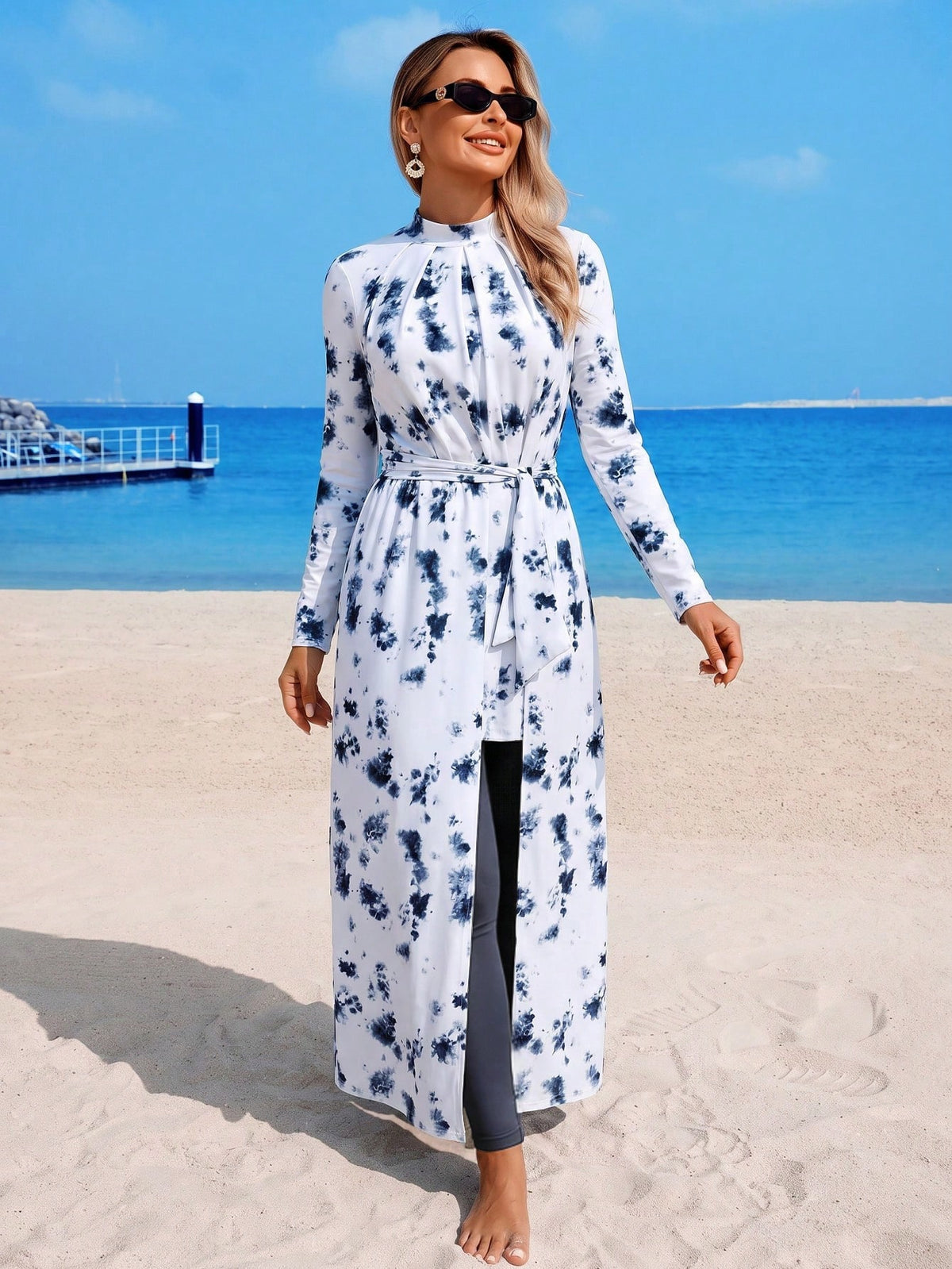 Swim Mulvari 3pcs Set Spring/Summer New Multi-Color Tie-Dye Long Sleeve Beach Dress, Solid Color Long Pants And Skirt, Women's Vacation Casual Beach Outfit, Burqini Swimwear