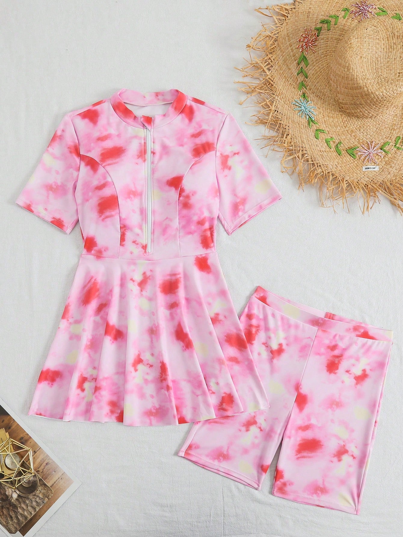Swim Mulvari New Summer 2-Piece Set Print Random Round Neck Half Sleeve Front Zipper Swimsuit And Half Length Bottom Burkini Swimwear Set Beach Tie Dye Modest